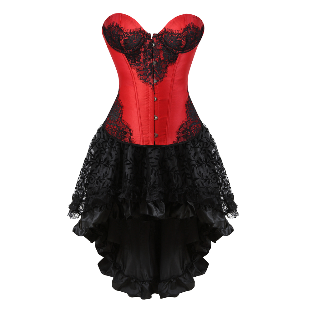 Red-Corset Dress Steampunk Renaissance Casual Bustier with Tutu Skirt Embroidery Boned Korsage Sexy Wedding Party Clubwear for Women