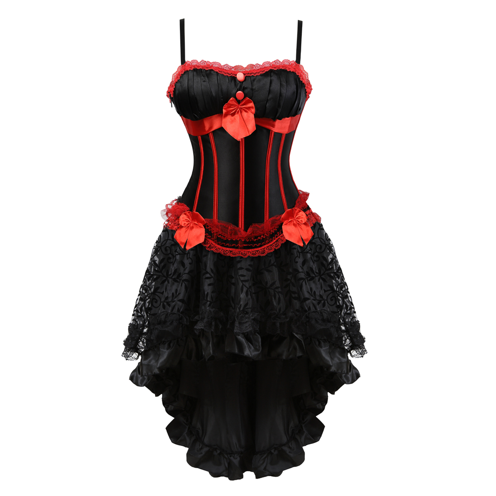 Blackred-Corset Dress Steampunk Padded Cup Korsage Sexy Satin Tight Lace Boned Bustier Straps with Tutu Skirt Party Clubwear Rockabilly