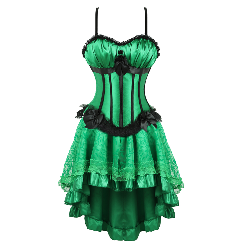 Green-Corset Dress Steampunk Padded Cup Korsage Sexy Satin Tight Lace Boned Bustier Straps with Tutu Skirt Party Clubwear Rockabilly