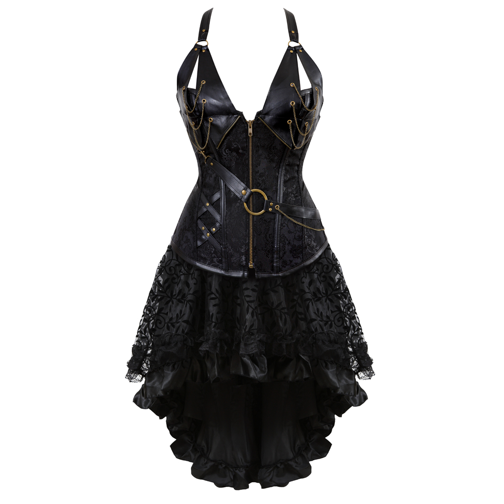 Black-Grebrafan Steampunk Neckholder Faux Leather Corsets with Fluffy Pleated Layered Tutu Skirt