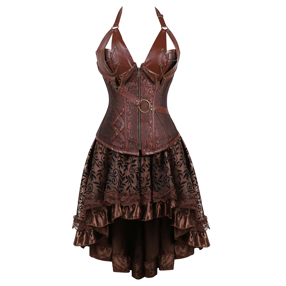 Brown-Grebrafan Steampunk Neckholder Faux Leather Corsets with Fluffy Pleated Layered Tutu Skirt