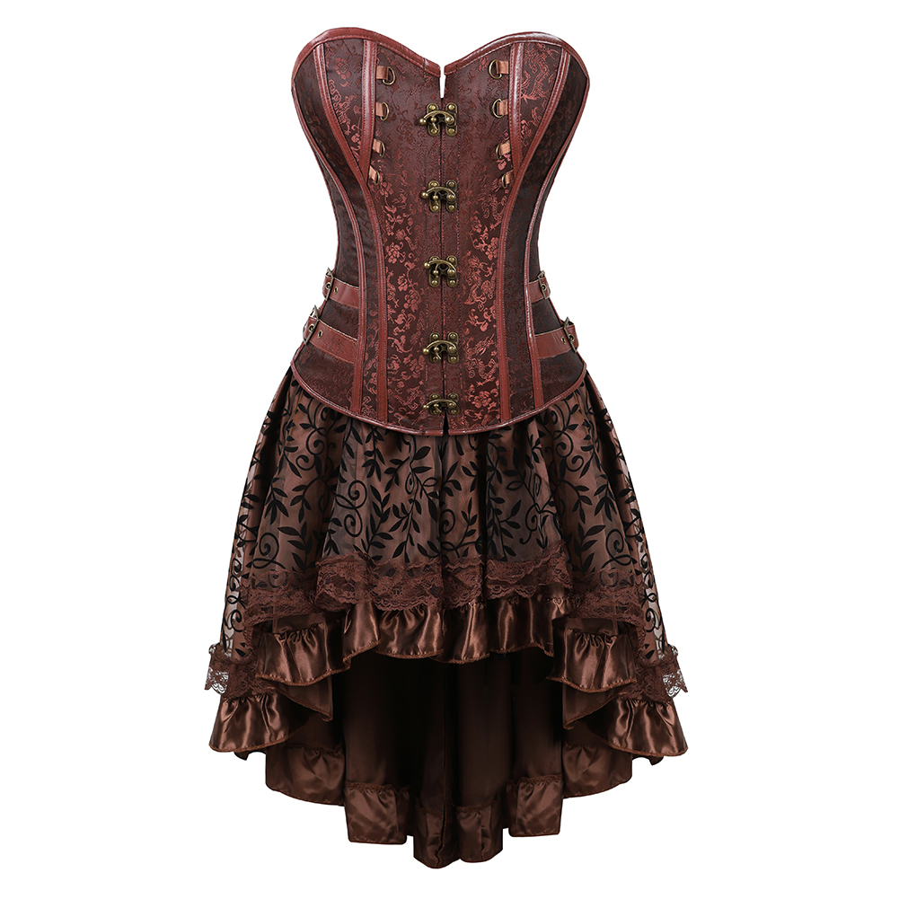 Brown-Grebrafan Steampunk Faux Leather Corsets with Fluffy Pleated Layered Tutu Skirt