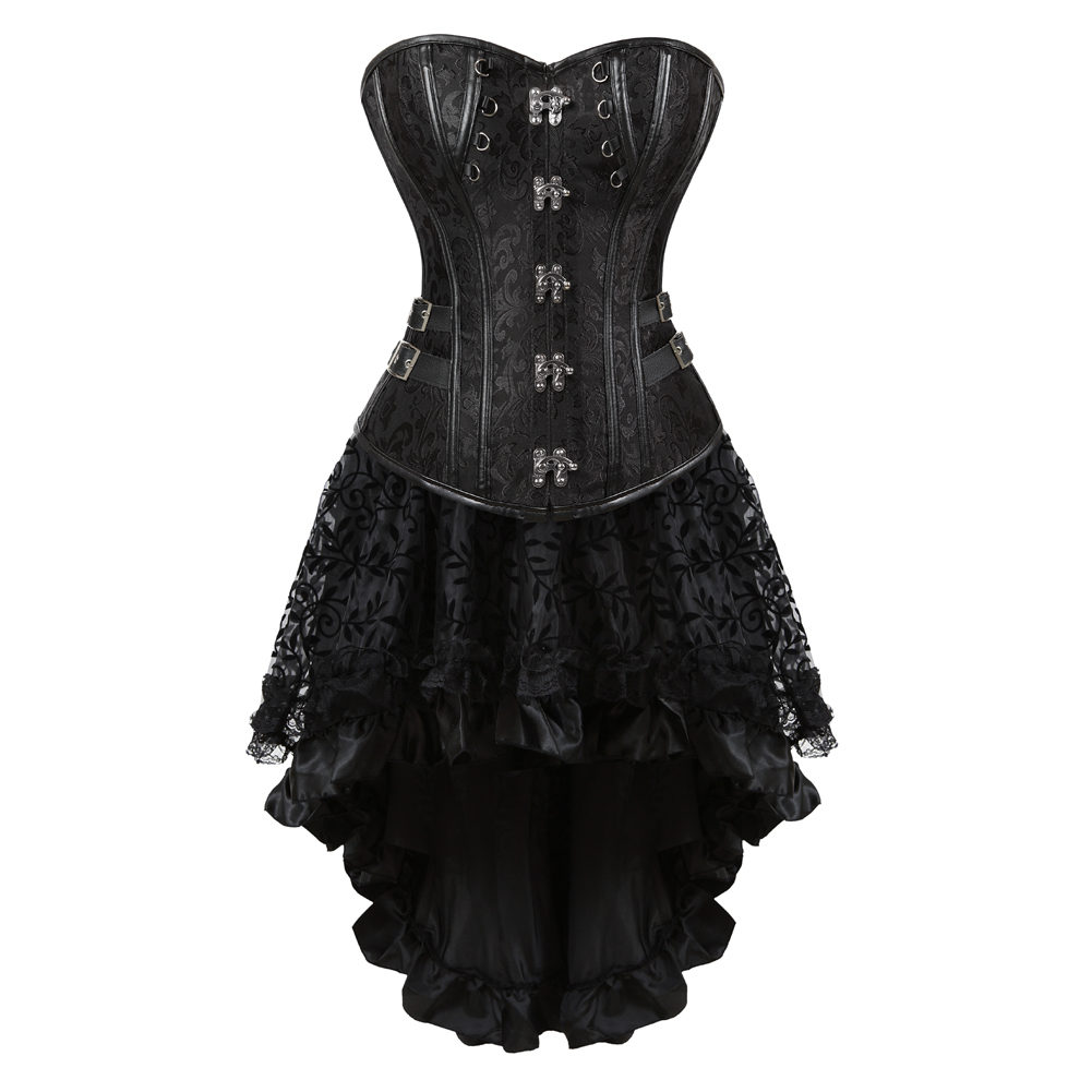 Black-Grebrafan Steampunk Faux Leather Corsets with Fluffy Pleated Layered Tutu Skirt