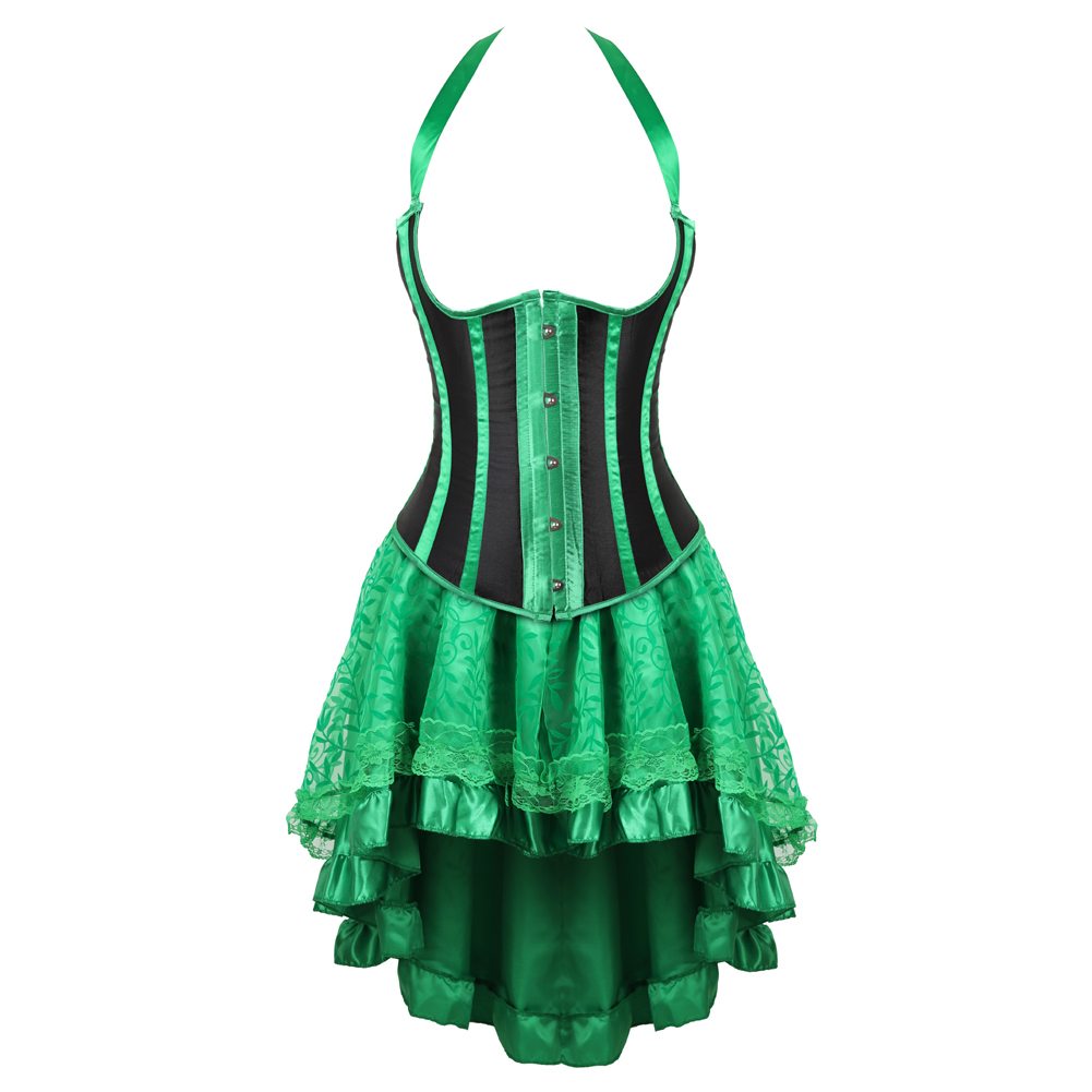 Green-Grebrafan Cupless Shaper Corset Halter Striped Underbust with Fluffy Pleated Layered Tutu Skirt