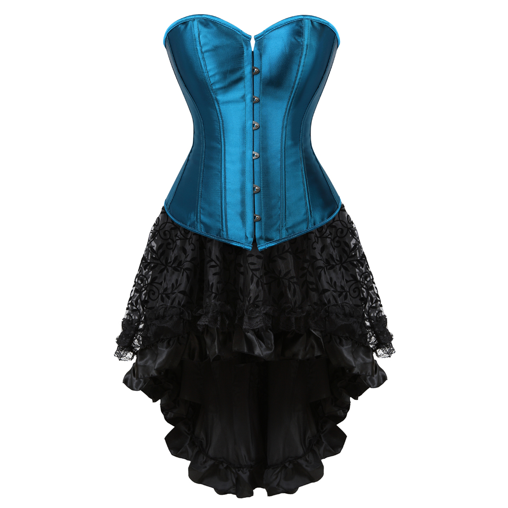 Blue-Corset Dress Steampunk Plus Size Korsage Sexy Satin Bustier with Tutu Skirt Pirate Carnival Christmas Dance Party Clubwear