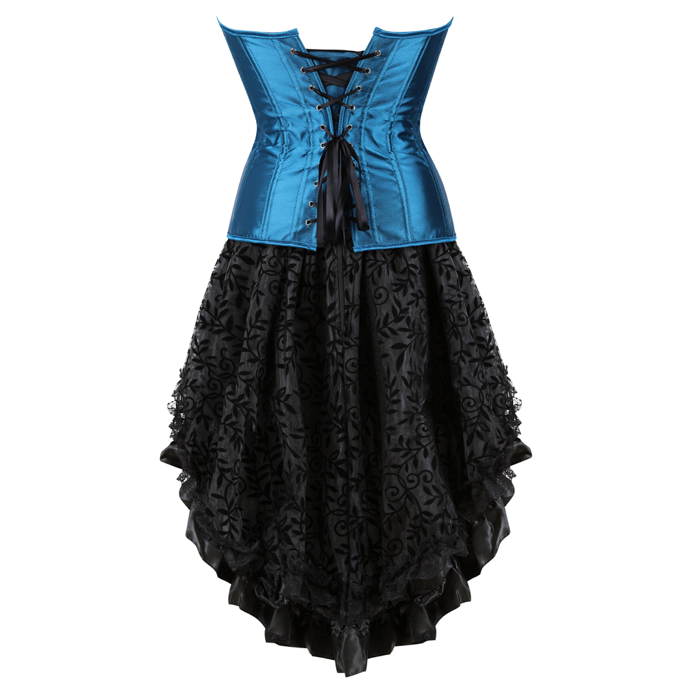 Blue-Corset Dress Steampunk Plus Size Korsage Sexy Satin Bustier with Tutu Skirt Pirate Carnival Christmas Dance Party Clubwear