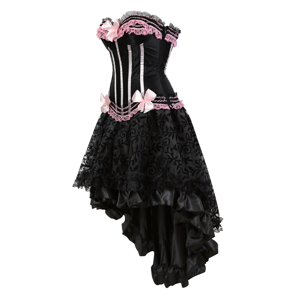 Pink-Corset Dress for Women Steampunk Gothic Striped Corselet Plus Size Push Up Bustier with Tutu Skirt Carnival Party Clubwear