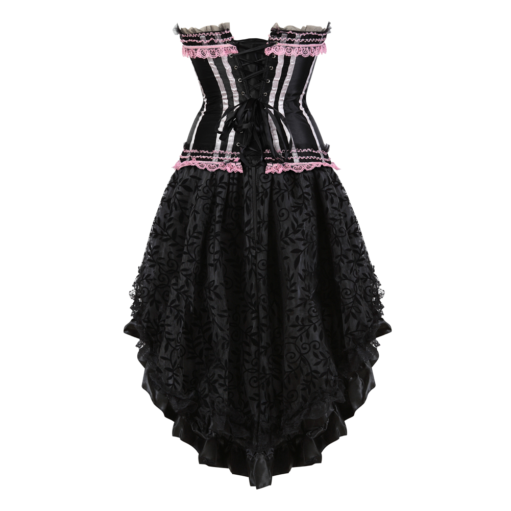 Pink-Corset Dress for Women Steampunk Gothic Striped Corselet Plus Size Push Up Bustier with Tutu Skirt Carnival Party Clubwear