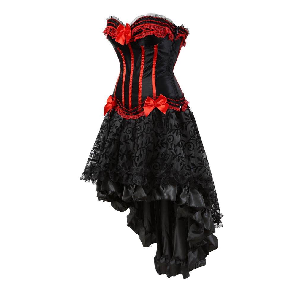 Red-Corset Dress for Women Steampunk Gothic Striped Corselet Plus Size Push Up Bustier with Tutu Skirt Carnival Party Clubwear