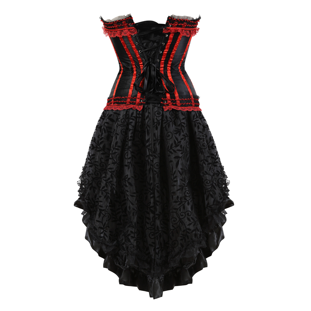 Red-Corset Dress for Women Steampunk Gothic Striped Corselet Plus Size Push Up Bustier with Tutu Skirt Carnival Party Clubwear