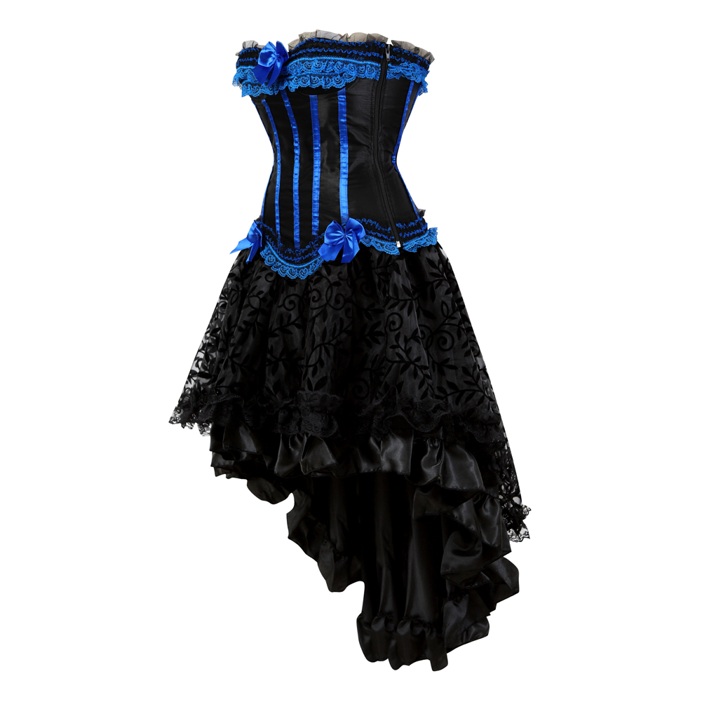 Blue-Corset Dress for Women Steampunk Gothic Striped Corselet Plus Size Push Up Bustier with Tutu Skirt Carnival Party Clubwear
