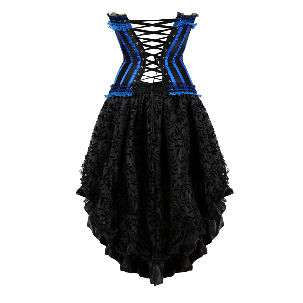 Blue-Corset Dress for Women Steampunk Gothic Striped Corselet Plus Size Push Up Bustier with Tutu Skirt Carnival Party Clubwear