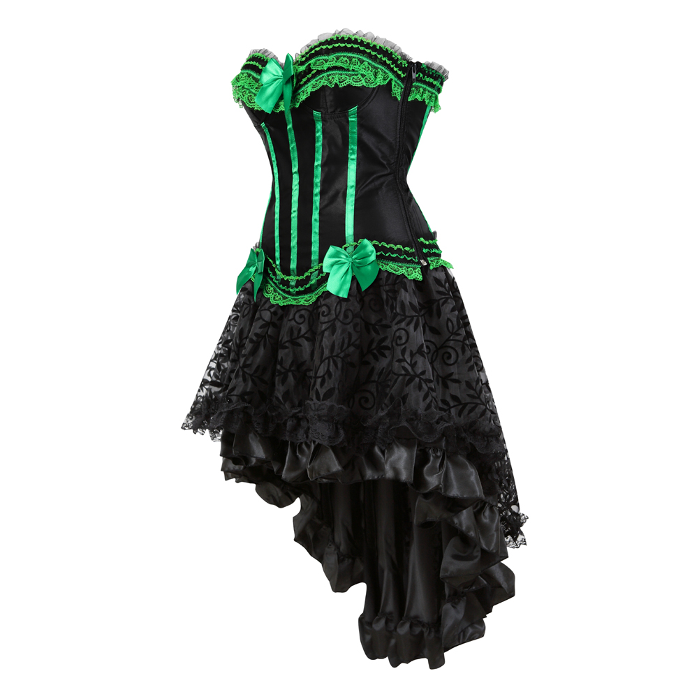 Green-Corset Dress for Women Steampunk Gothic Striped Corselet Plus Size Push Up Bustier with Tutu Skirt Carnival Party Clubwear