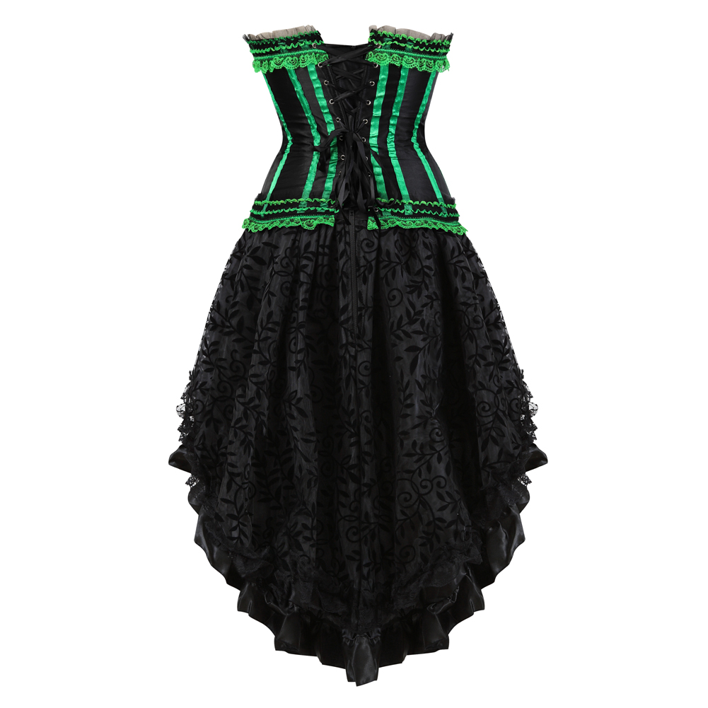 Green-Corset Dress for Women Steampunk Gothic Striped Corselet Plus Size Push Up Bustier with Tutu Skirt Carnival Party Clubwear