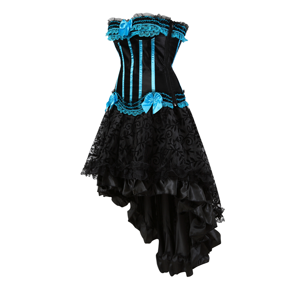 Sky blue-Corset Dress for Women Steampunk Gothic Striped Corselet Plus Size Push Up Bustier with Tutu Skirt Carnival Party Clubwear