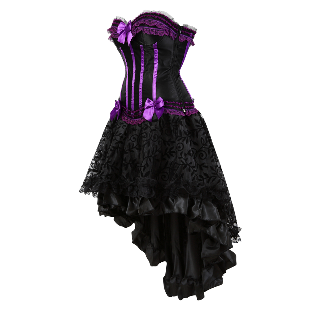 Purple-Corset Dress for Women Steampunk Gothic Striped Corselet Plus Size Push Up Bustier with Tutu Skirt Carnival Party Clubwear