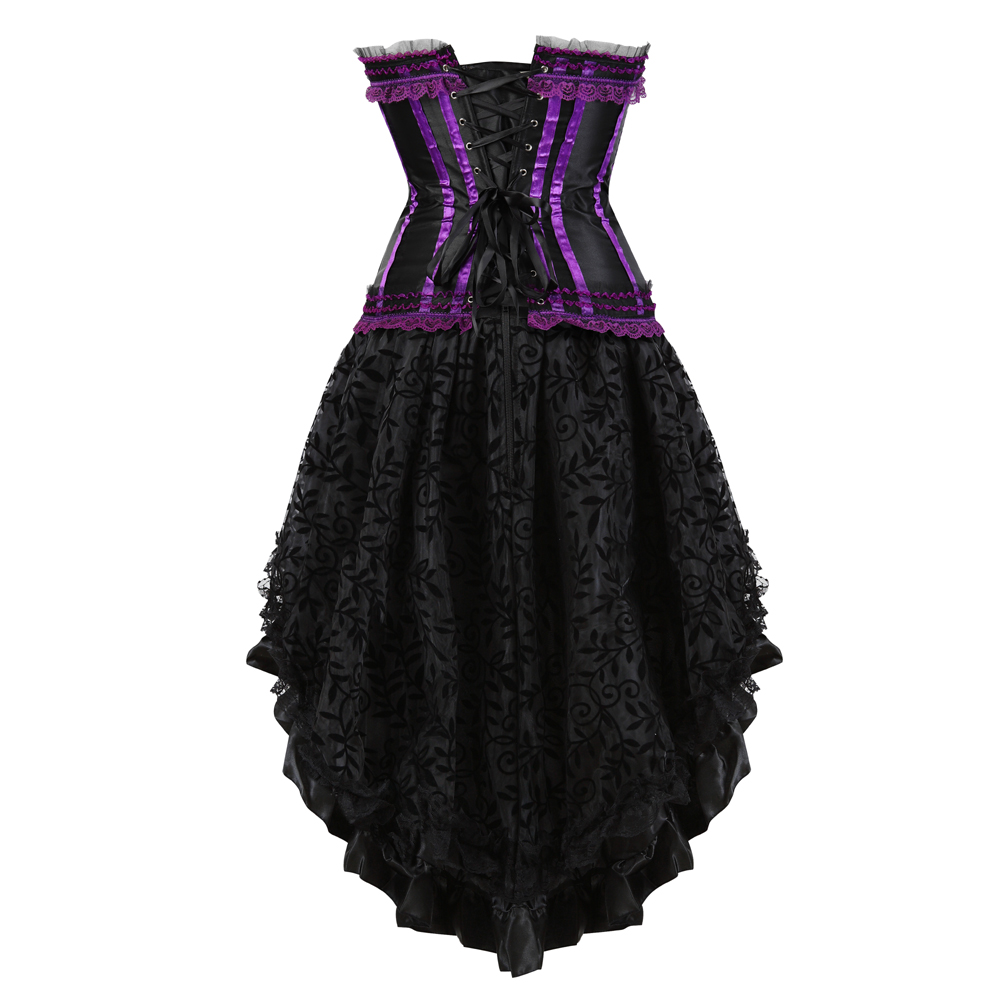 Purple-Corset Dress for Women Steampunk Gothic Striped Corselet Plus Size Push Up Bustier with Tutu Skirt Carnival Party Clubwear