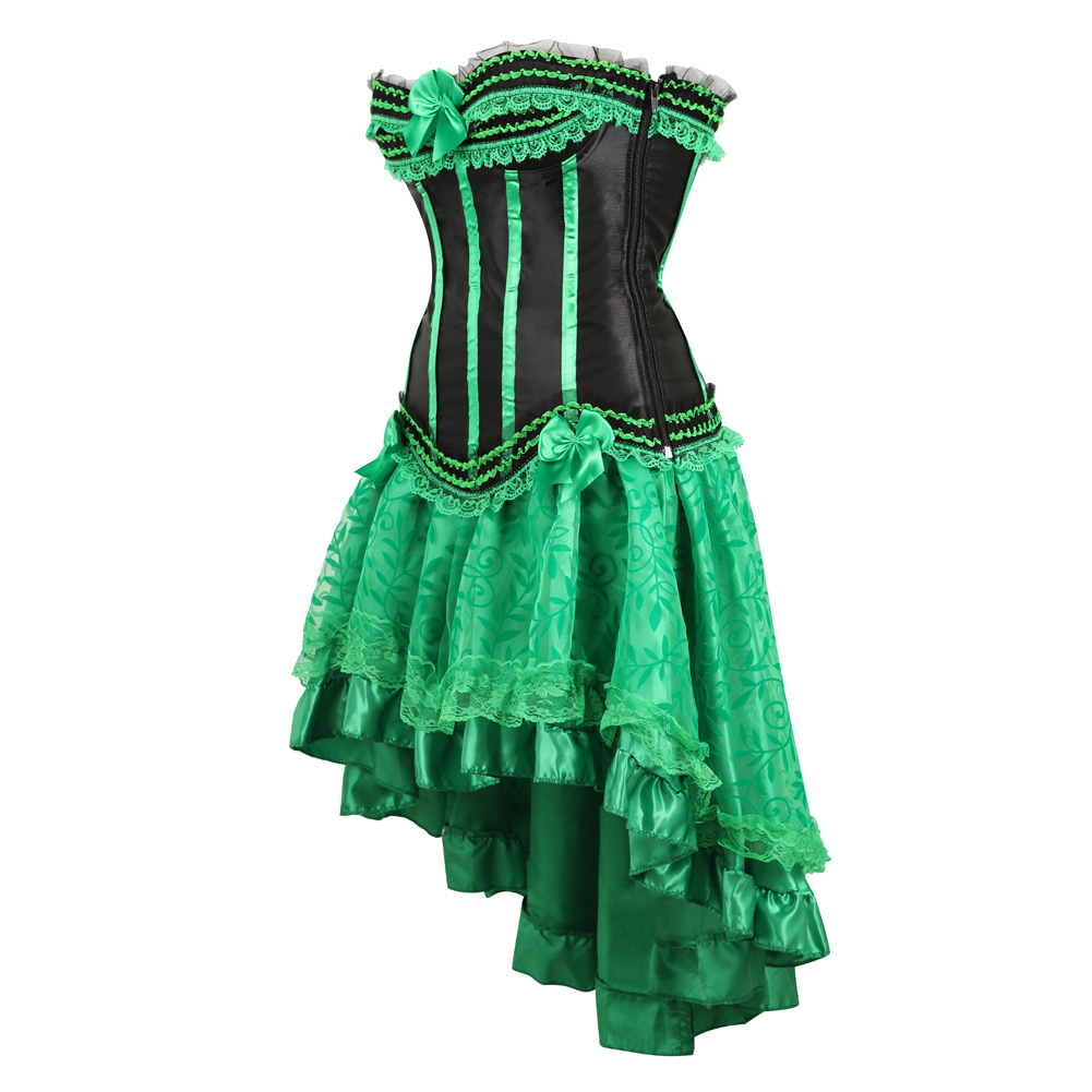 Green set-Corset Dress for Women Steampunk Gothic Striped Corselet Plus Size Push Up Bustier with Tutu Skirt Carnival Party Clubwear