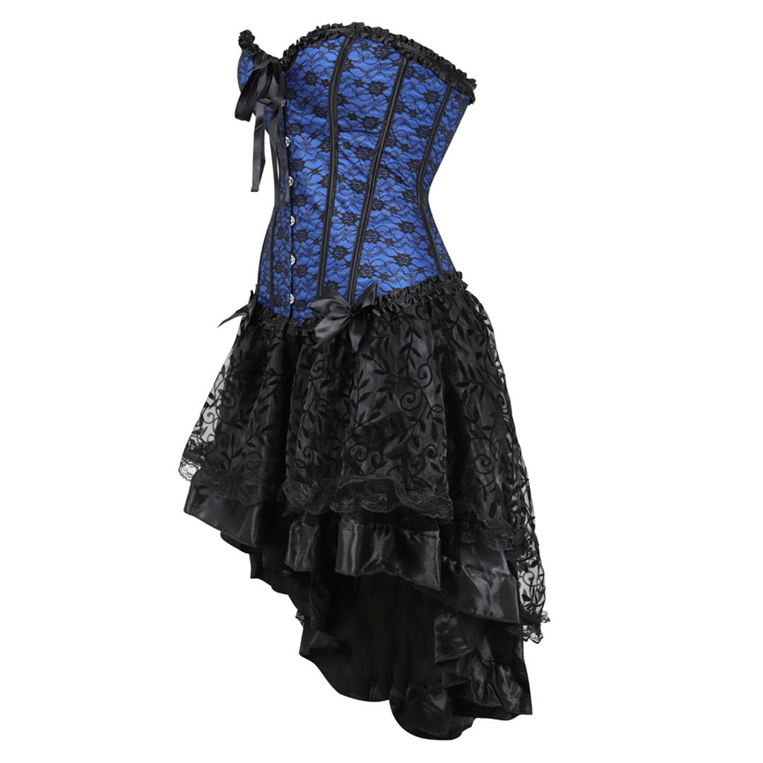 Blue-Corset and Skirt Steampunk Gothic Slimming Lace Overlay Bustier Dress Lace Up Boned Korsage Sexy Femme Carnival Party Clubwear