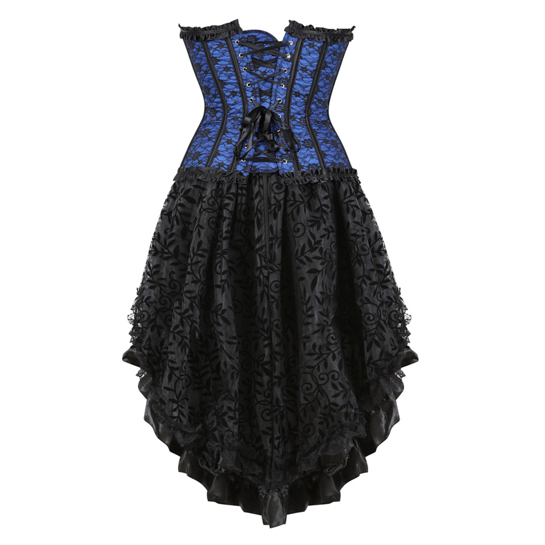 Blue-Corset and Skirt Steampunk Gothic Slimming Lace Overlay Bustier Dress Lace Up Boned Korsage Sexy Femme Carnival Party Clubwear