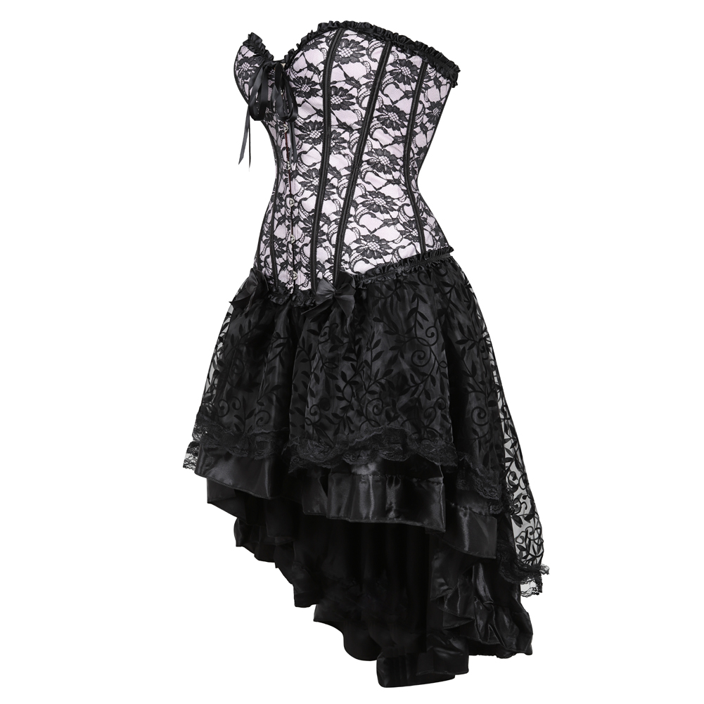 Pink-Corset and Skirt Steampunk Gothic Slimming Lace Overlay Bustier Dress Lace Up Boned Korsage Sexy Femme Carnival Party Clubwear
