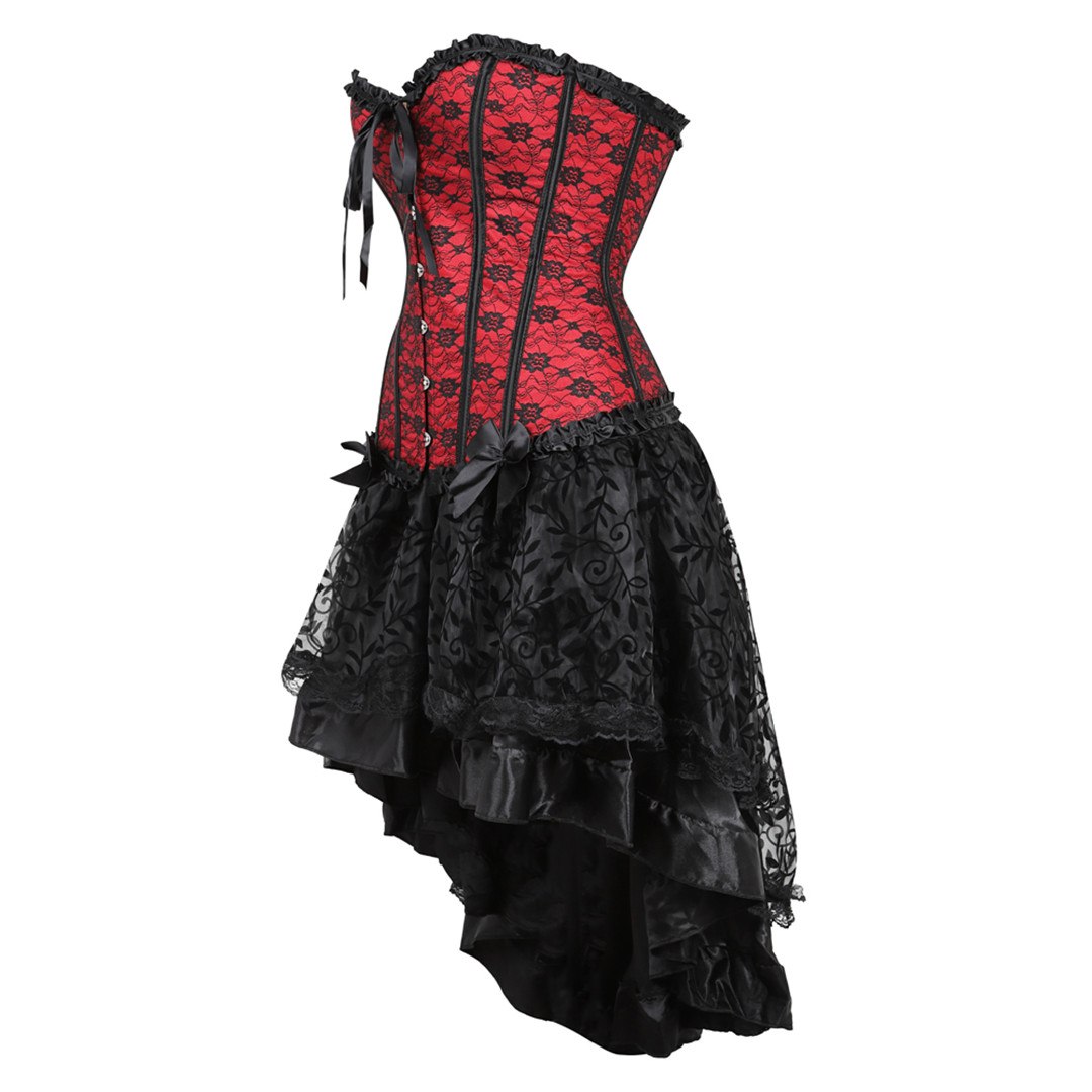 Red-Corset and Skirt Steampunk Gothic Slimming Lace Overlay Bustier Dress Lace Up Boned Korsage Sexy Femme Carnival Party Clubwear