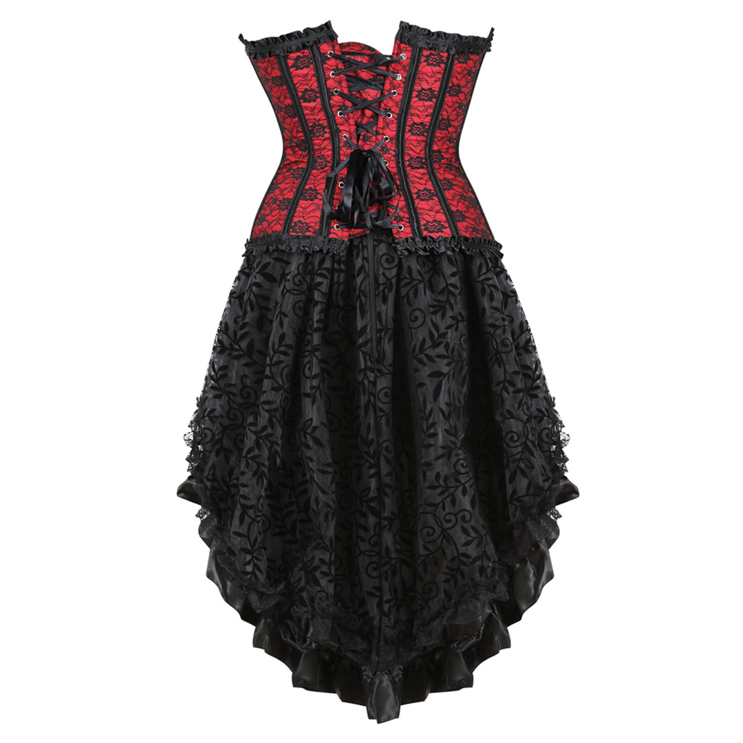 Red-Corset and Skirt Steampunk Gothic Slimming Lace Overlay Bustier Dress Lace Up Boned Korsage Sexy Femme Carnival Party Clubwear