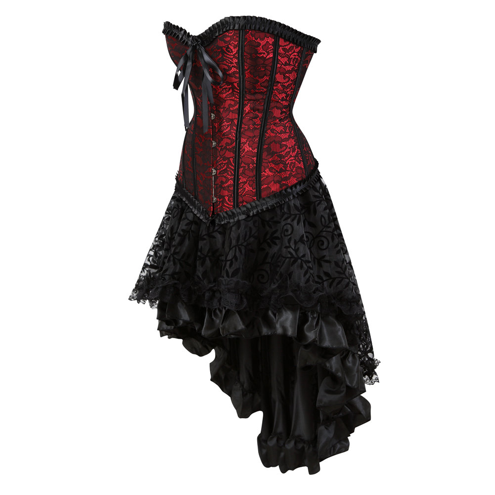 Red-Corsets Dresss for Women Steampunk Plus Size Korsage Sexy Renaissance Boned Bustier Bodyshaper with Tutu Skirt Party Clubwear