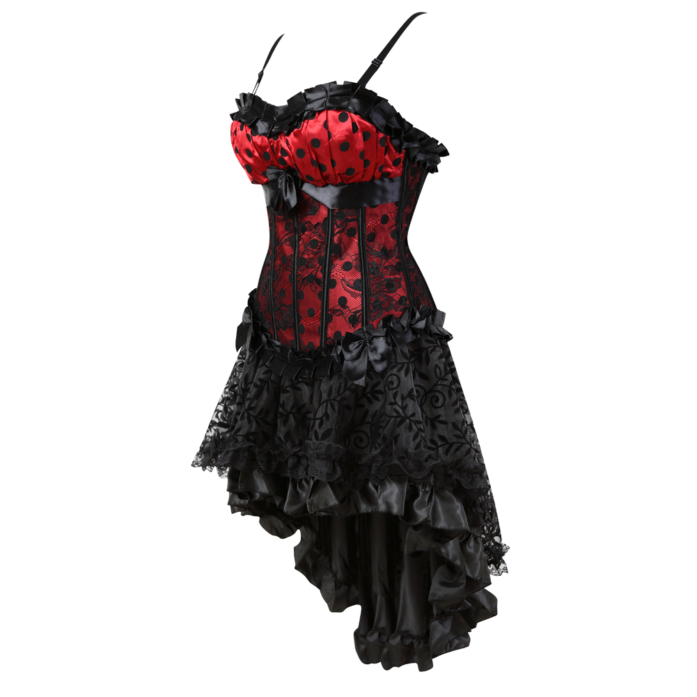 Red-Corsets Dresss for Women Steampunk Gothic Padded Korsage Sexy Strap Polka DOTS Bustier with Tutu Skirt Party Clubwear Plus Size