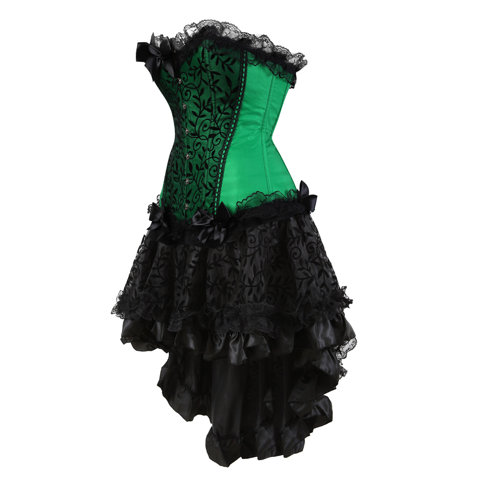 Green-Corset Skirt for Women Steampunk Classic Corsetto Mujer Lace Overlay Princess Overbust Bustier Dress Cowgirl Party Clubwear