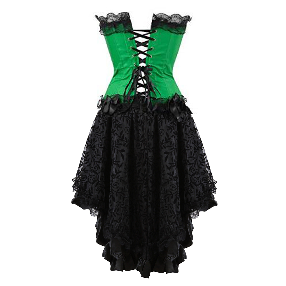 Green-Corset Skirt for Women Steampunk Classic Corsetto Mujer Lace Overlay Princess Overbust Bustier Dress Cowgirl Party Clubwear