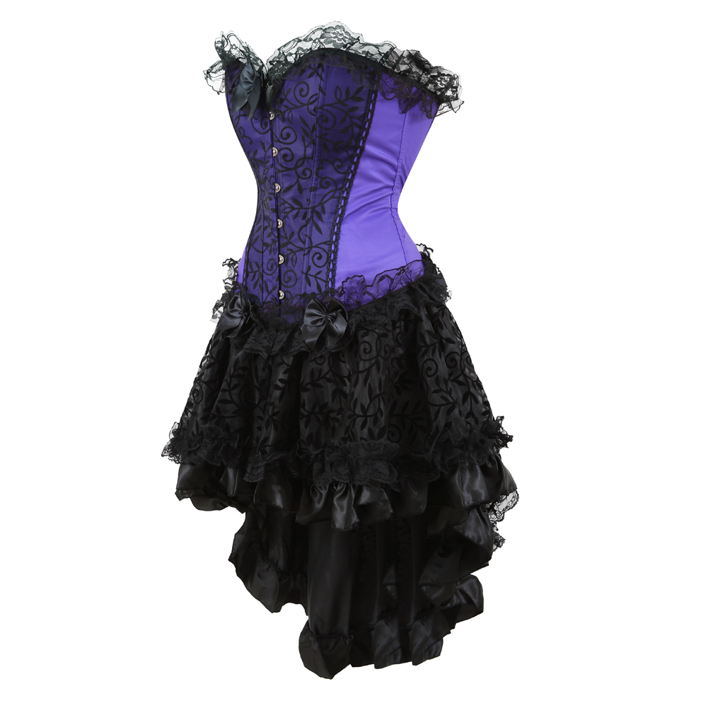 Purple-Corset Skirt for Women Steampunk Classic Corsetto Mujer Lace Overlay Princess Overbust Bustier Dress Cowgirl Party Clubwear
