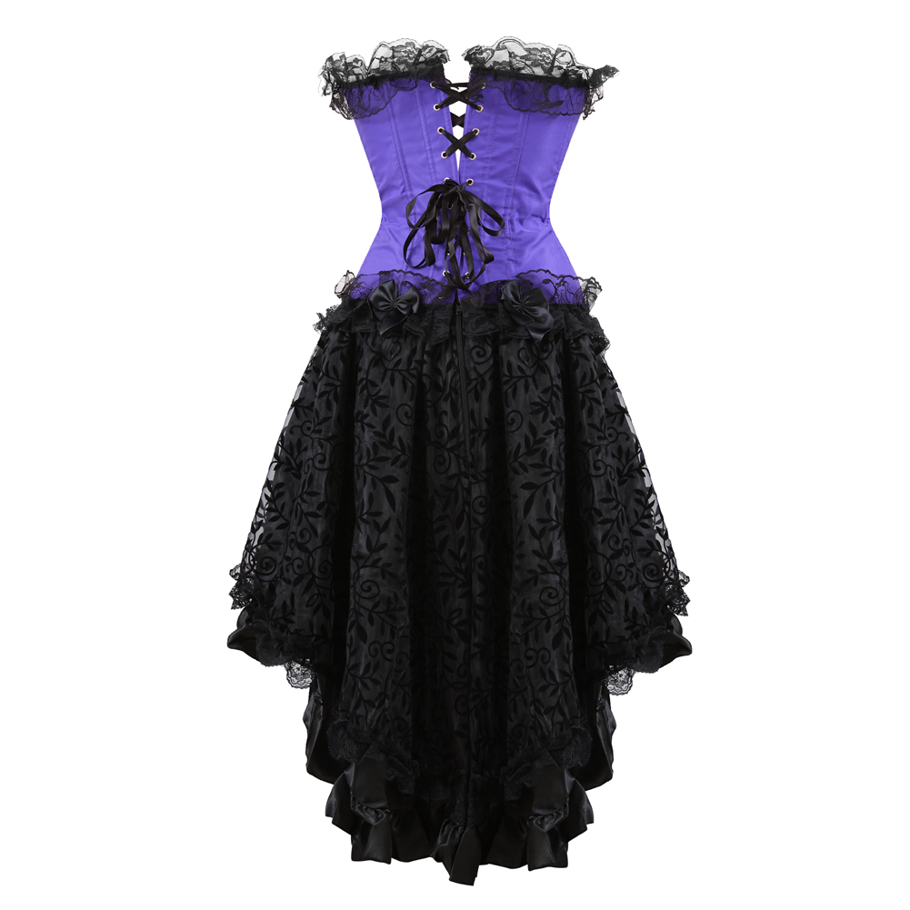 Purple-Corset Skirt for Women Steampunk Classic Corsetto Mujer Lace Overlay Princess Overbust Bustier Dress Cowgirl Party Clubwear