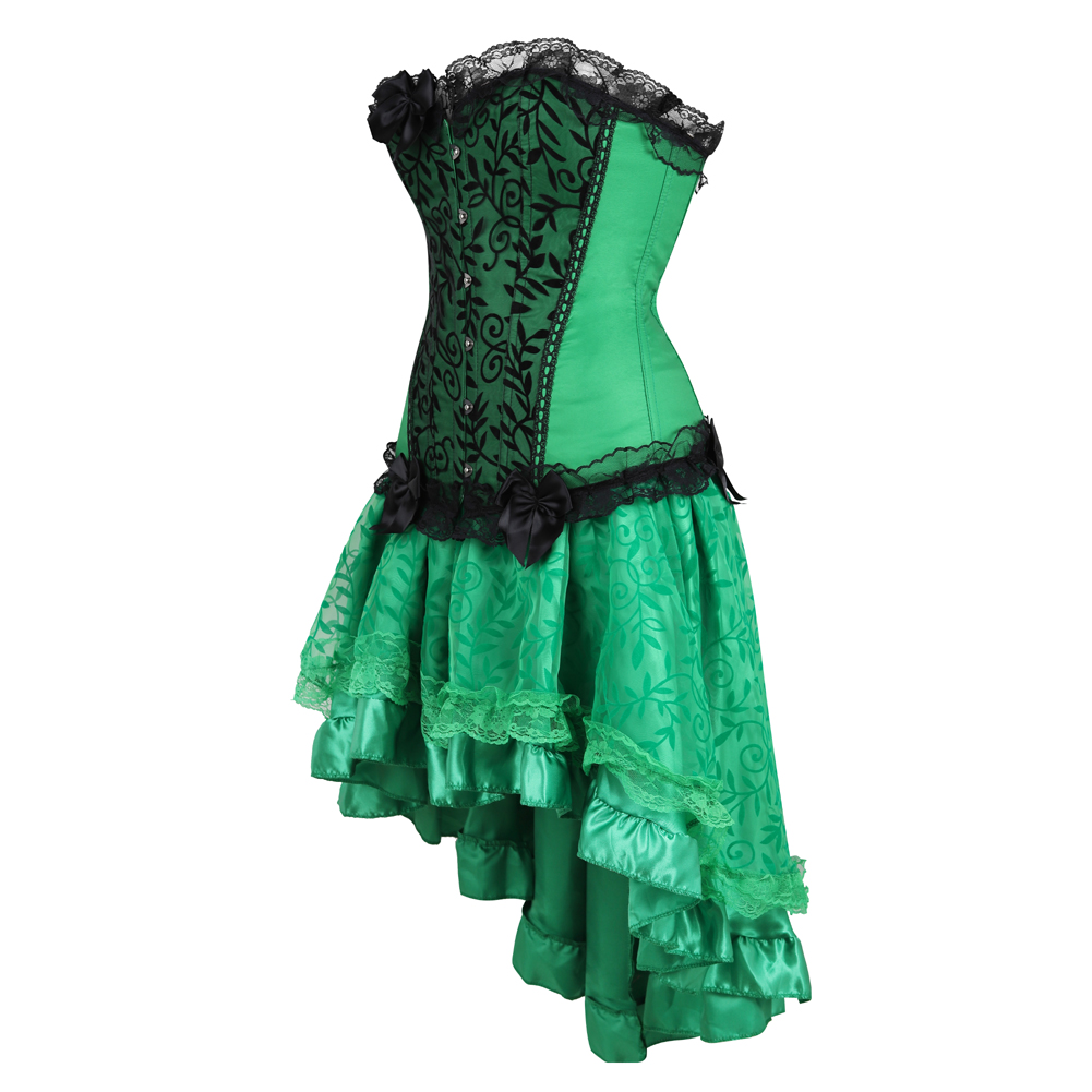 Green Green-Corset Skirt for Women Steampunk Classic Corsetto Mujer Lace Overlay Princess Overbust Bustier Dress Cowgirl Party Clubwear