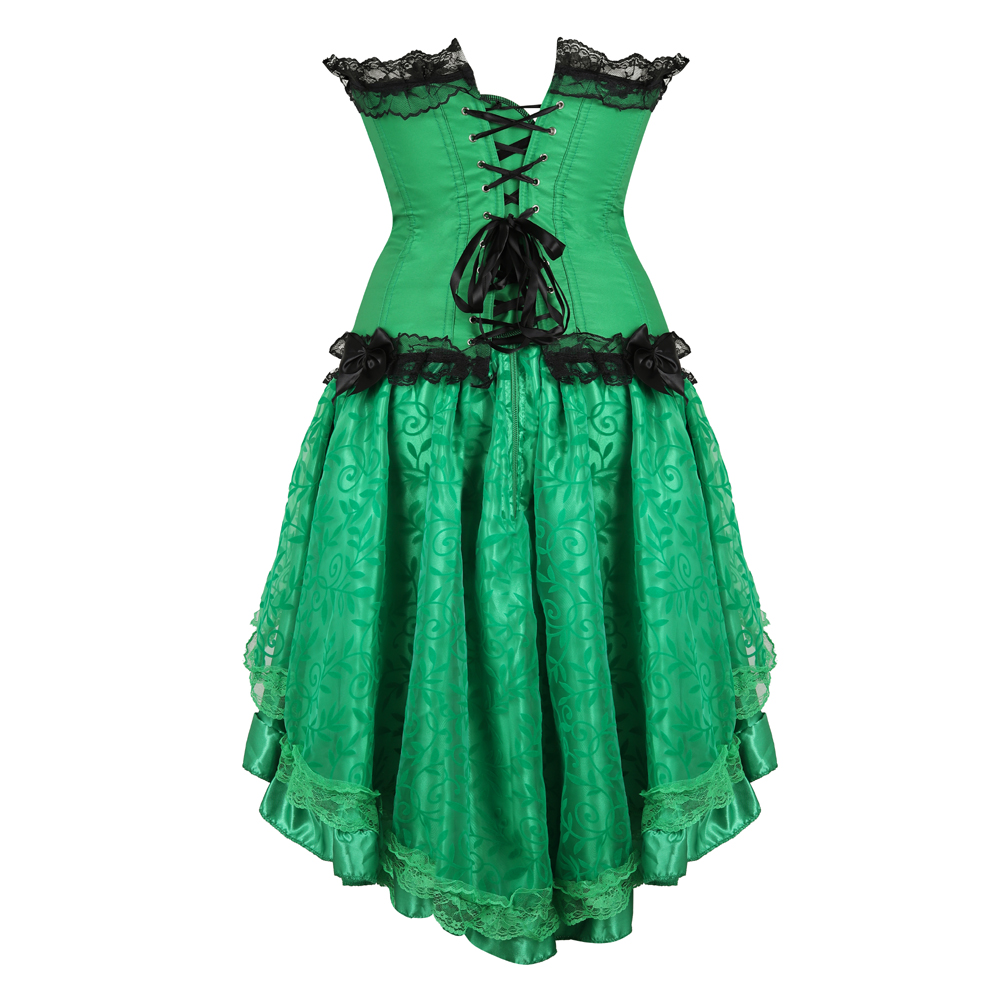 Green Green-Corset Skirt for Women Steampunk Classic Corsetto Mujer Lace Overlay Princess Overbust Bustier Dress Cowgirl Party Clubwear