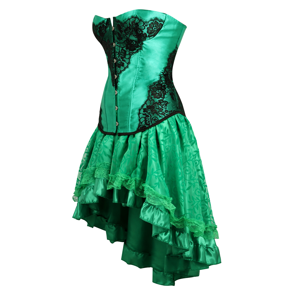 Green-Corset Dress Steampunk Renaissance Casual Bustier with Tutu Skirt Embroidery Boned Korsage Sexy Wedding Party Clubwear for Women