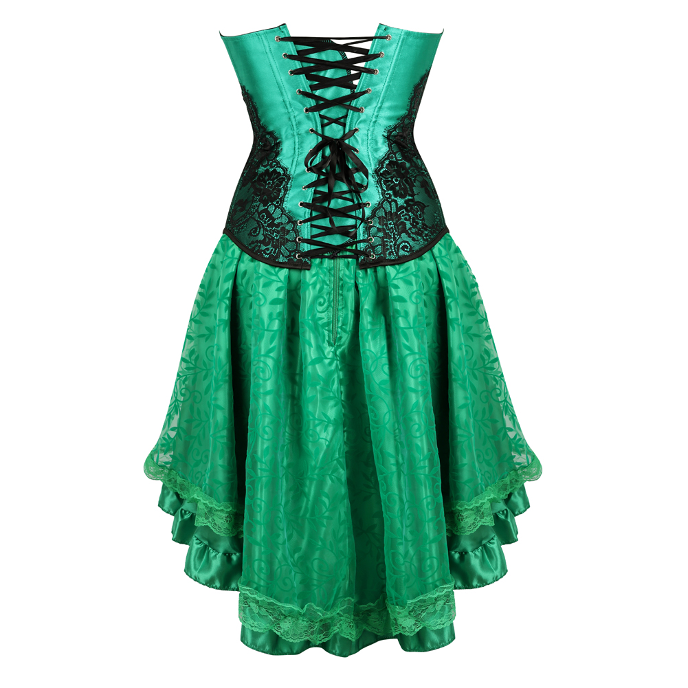 Green-Corset Dress Steampunk Renaissance Casual Bustier with Tutu Skirt Embroidery Boned Korsage Sexy Wedding Party Clubwear for Women