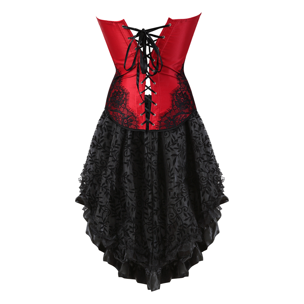 Red-Corset Dress Steampunk Renaissance Casual Bustier with Tutu Skirt Embroidery Boned Korsage Sexy Wedding Party Clubwear for Women