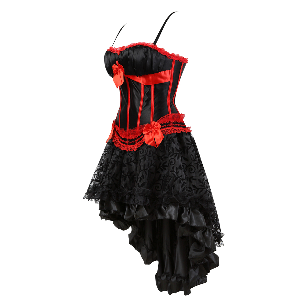 Blackred-Corset Dress Steampunk Padded Cup Korsage Sexy Satin Tight Lace Boned Bustier Straps with Tutu Skirt Party Clubwear Rockabilly