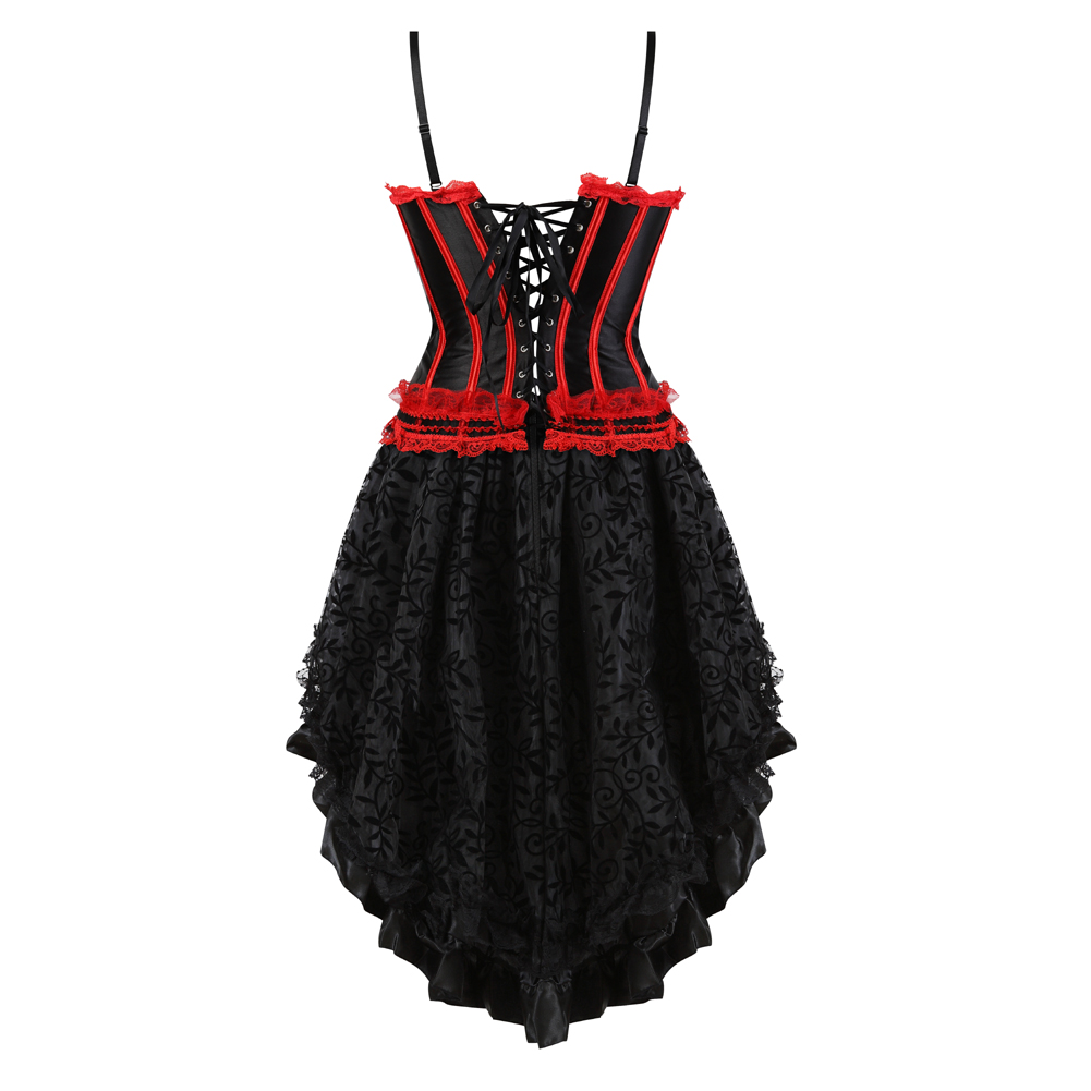 Blackred-Corset Dress Steampunk Padded Cup Korsage Sexy Satin Tight Lace Boned Bustier Straps with Tutu Skirt Party Clubwear Rockabilly