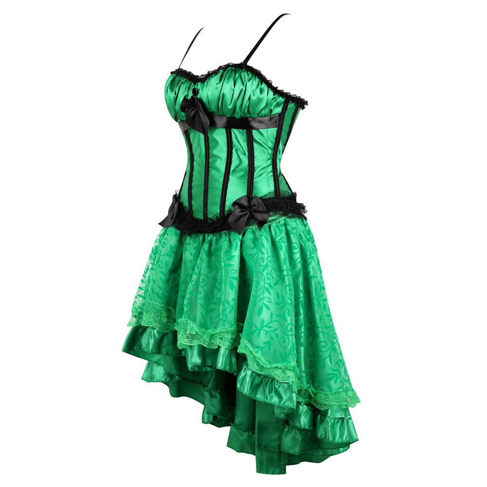 Green-Corset Dress Steampunk Padded Cup Korsage Sexy Satin Tight Lace Boned Bustier Straps with Tutu Skirt Party Clubwear Rockabilly