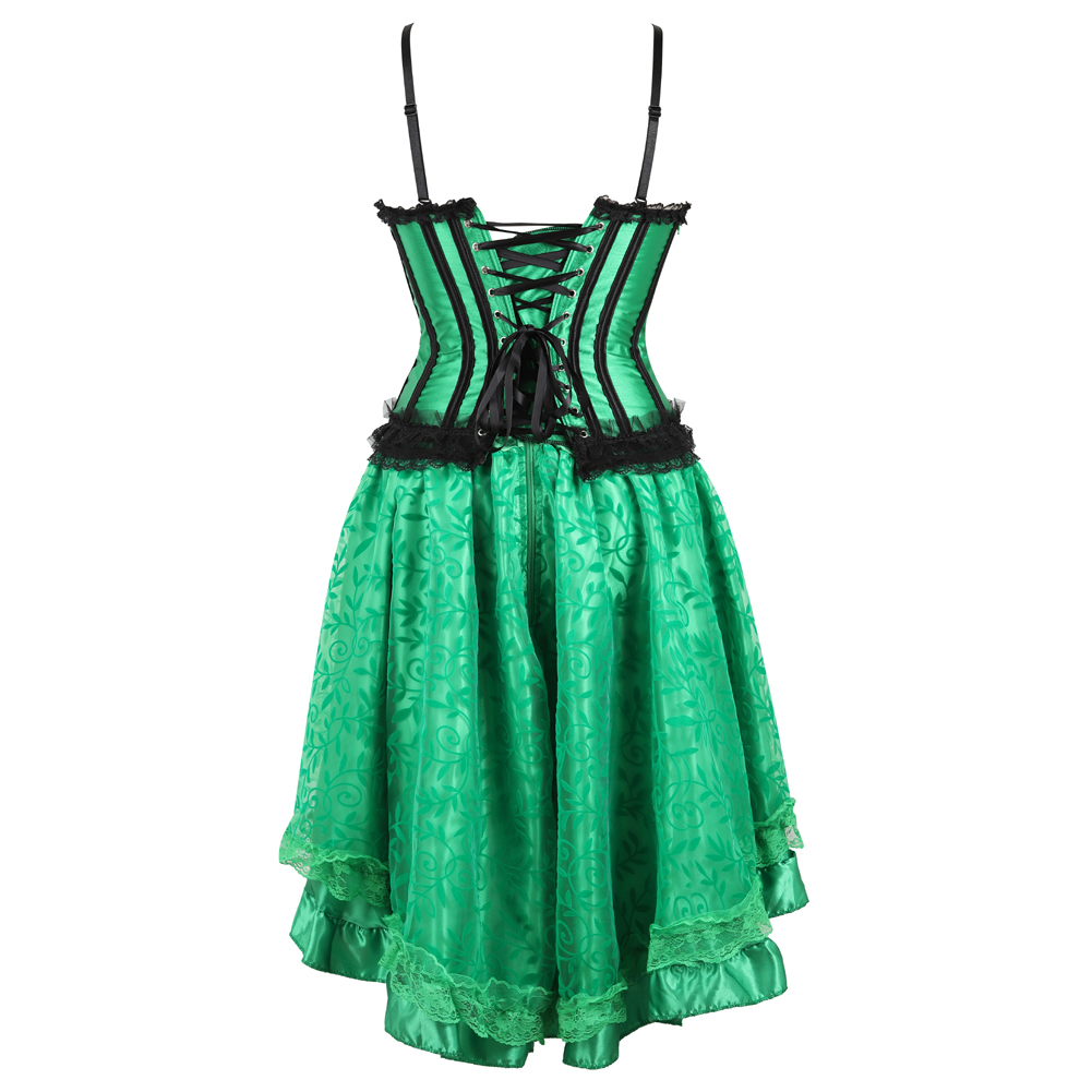 Green-Corset Dress Steampunk Padded Cup Korsage Sexy Satin Tight Lace Boned Bustier Straps with Tutu Skirt Party Clubwear Rockabilly