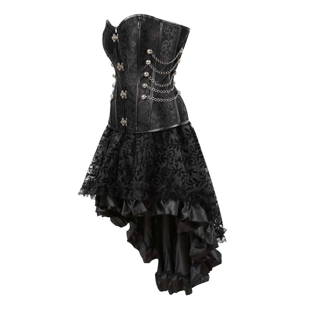 Black-Grebrafan Steampunk Corsets Leather Steel Boned Bustier with Fluffy Pleated Layered Tutu Skirt