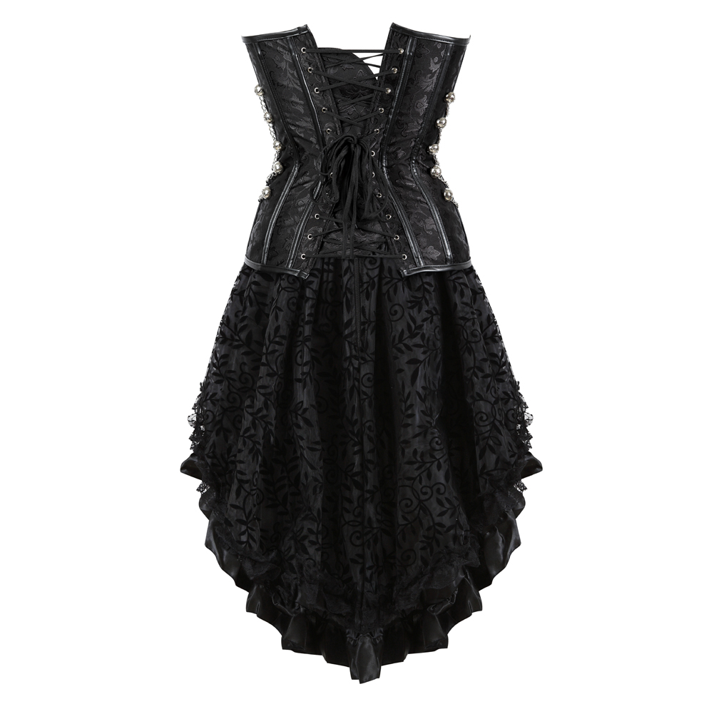 Black-Grebrafan Steampunk Corsets Leather Steel Boned Bustier with Fluffy Pleated Layered Tutu Skirt