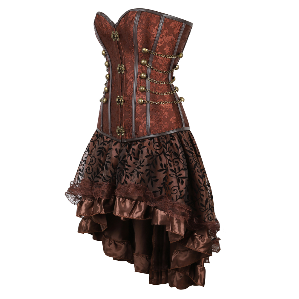 Brown-Grebrafan Steampunk Corsets Leather Steel Boned Bustier with Fluffy Pleated Layered Tutu Skirt