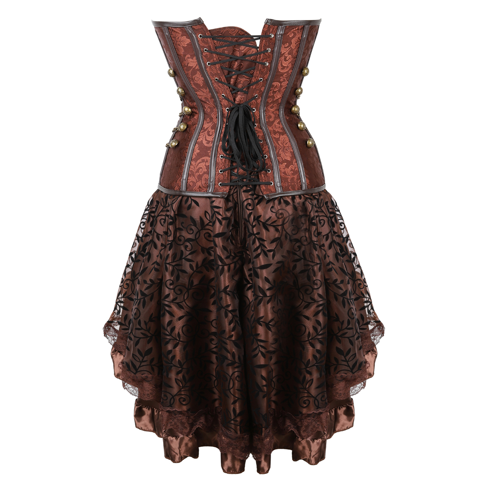 Brown-Grebrafan Steampunk Corsets Leather Steel Boned Bustier with Fluffy Pleated Layered Tutu Skirt