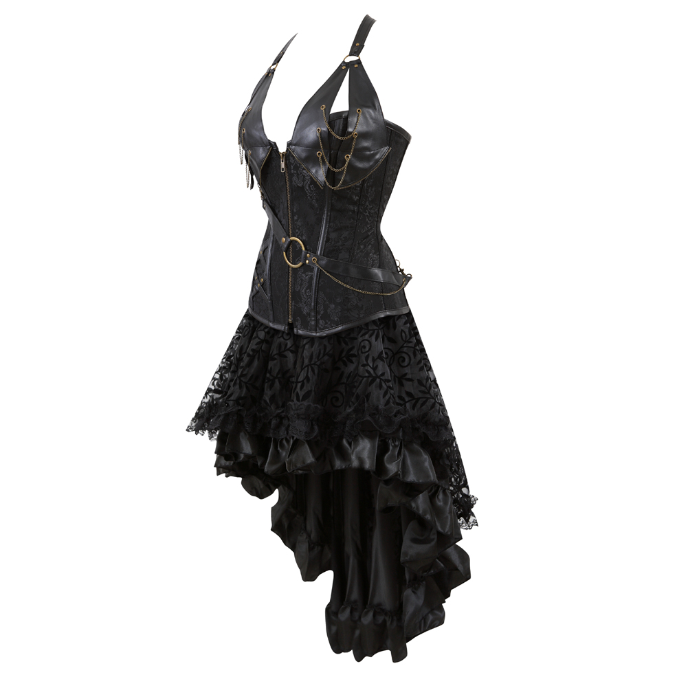 Black-Grebrafan Steampunk Neckholder Faux Leather Corsets with Fluffy Pleated Layered Tutu Skirt