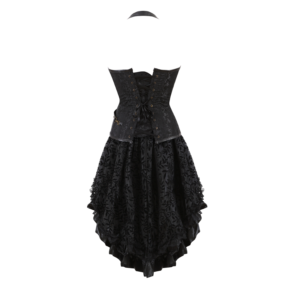 Black-Grebrafan Steampunk Neckholder Faux Leather Corsets with Fluffy Pleated Layered Tutu Skirt