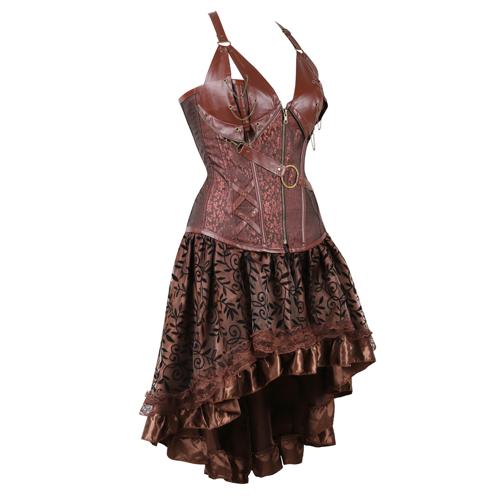 Brown-Grebrafan Steampunk Neckholder Faux Leather Corsets with Fluffy Pleated Layered Tutu Skirt