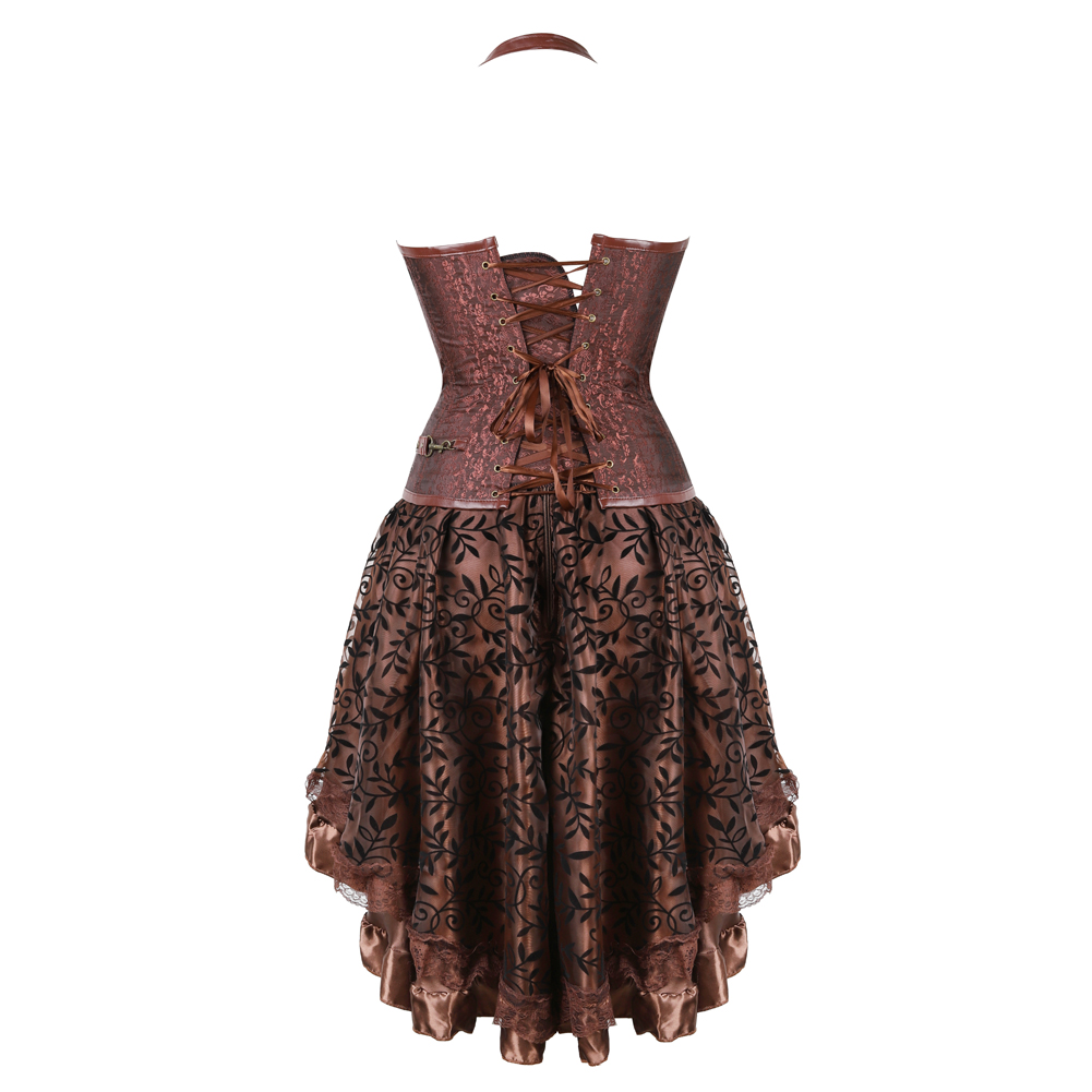Brown-Grebrafan Steampunk Neckholder Faux Leather Corsets with Fluffy Pleated Layered Tutu Skirt